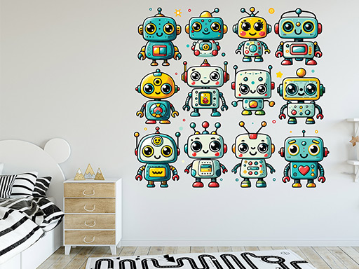 Roztomilí roboti samolepka na zeď, Roztomilí roboti nálepka na stěnu pro děti, Roztomilí roboti dekorace na zeď, Roztomilí roboti tapeta na zeď, Roztomilí roboti samolepka na zeď pro děti