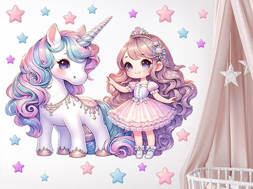 Roztomilý jednorožec a princezna samolepky na zeď, Roztomilý jednorožec a princezna samolepka na stěnu, Roztomilý jednorožec a princezna nálepky na zeď, Roztomilý jednorožec a princezna nálepky na stěnu
