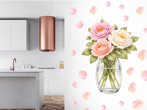 Růže ve váze samolepky na zeď, Růže ve váze tapety na zeď, Růže ve váze dekorace na zeď, Růže ve váze nálepky na zeď