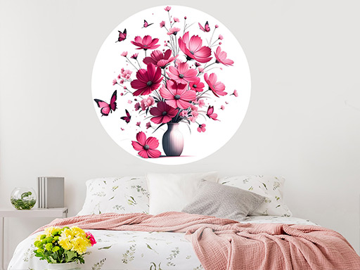 Růžové květiny ve váze samolepky na zeď, Růžové květiny ve váze nálepky na zeď, Růžové květiny ve váze dekorace na zeď, Růžové květiny ve váze samolepící nálepky na zeď