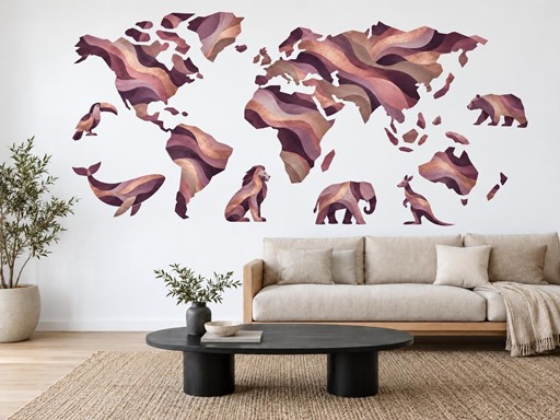 Růžovozlatá mapa světa se zvířaty samolepky na zeď, Růžovozlatá mapa světa se zvířaty tapety na zeď, Růžovozlatá mapa světa se zvířaty dekorace na zeď, Růžovozlatá mapa světa se zvířaty nálepky na zeď