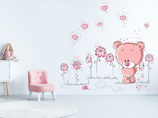 Růžový medvídek samolepky na zeď, Růžový medvídek nálepky na zeď pro děti, Růžový medvídek dětské dekorace na zeď, Růžový medvídek samolepící nálepky na zeď