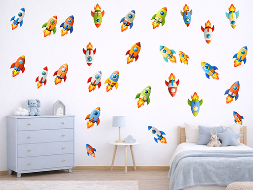 Sada 50 raketek samolepky na zeď, Vesmírné rakety nálepky na zeď, rakety dekorace na zeď, raketky samolepící nálepky na zeď