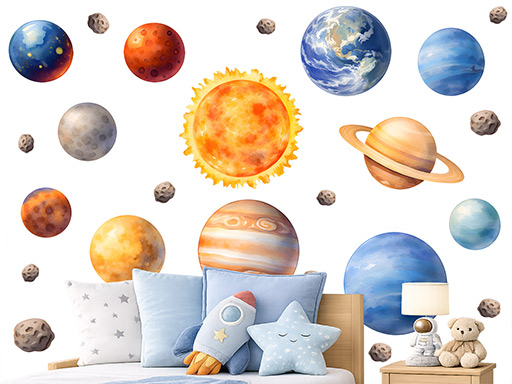 Sada planet samolepky na zeď, Sada planet nálepky na zeď pro děti, Sada planet dětské dekorace na zeď, Sada planet samolepící nálepky na zeď