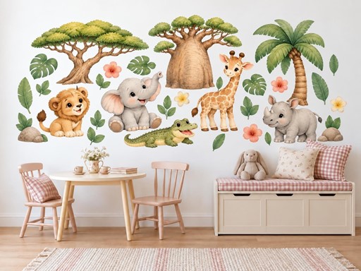 Safari mláďátka u baobabu samolepky na zeď, Safari mláďátka u baobabu tapety na zeď, Safari mláďátka u baobabu dekorace na zeď, Safari mláďátka u baobabu nálepky na zeď