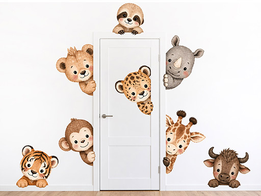 Safari zvířátka kolem dveří samolepky na zeď, Safari zvířátka kolem dveří tapety na zeď, Safari zvířátka kolem dveří dekorace na zeď, Safari zvířátka kolem dveří nálepky na zeď