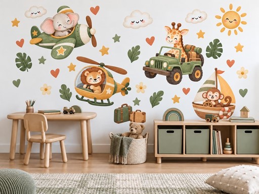 Safari zvířátka na cestách samolepky na zeď, Safari zvířátka na cestách tapety na zeď, Safari zvířátka na cestách dekorace na zeď, Safari zvířátka na cestách nálepky na zeď
