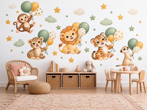 Safari zvířátka s balonky samolepky na zeď, Safari zvířátka s balonky tapety na zeď, Safari zvířátka s balonky dekorace na zeď, Safari zvířátka s balonky nálepky na zeď