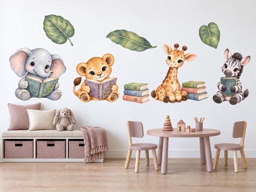 Safari zvířátka s knížkami samolepky na zeď, Safari zvířátka s knížkami tapety na zeď, Safari zvířátka s knížkami dekorace na zeď, Safari zvířátka s knížkami nálepky na zeď