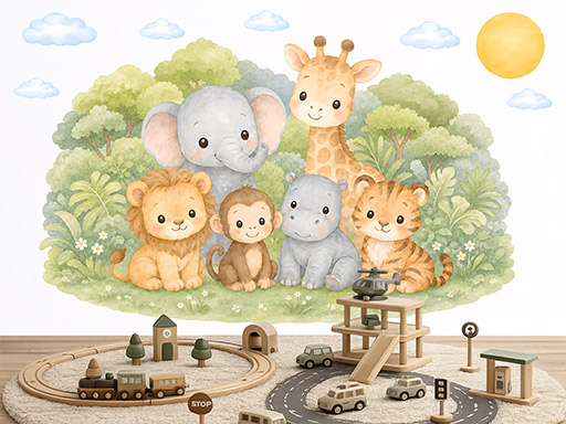 Safari zvířátka u pralesa samolepky na zeď, Safari zvířátka u pralesa tapety na zeď, Safari zvířátka u pralesa dekorace na zeď, Safari zvířátka u pralesa nálepky na zeď