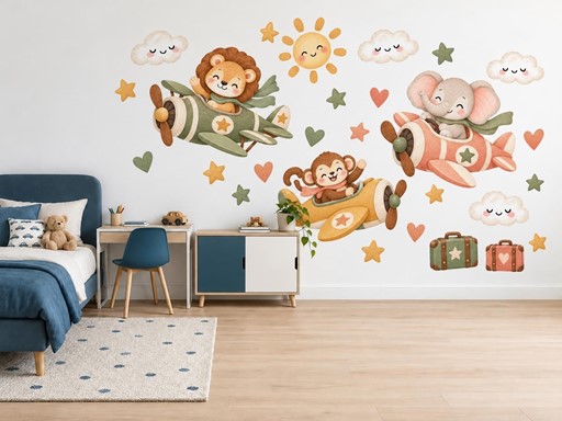 Safari zvířátka v letadýlkách samolepky na zeď, Safari zvířátka v letadýlkách tapety na zeď, Safari zvířátka v letadýlkách dekorace na zeď, Safari zvířátka v letadýlkách nálepky na zeď