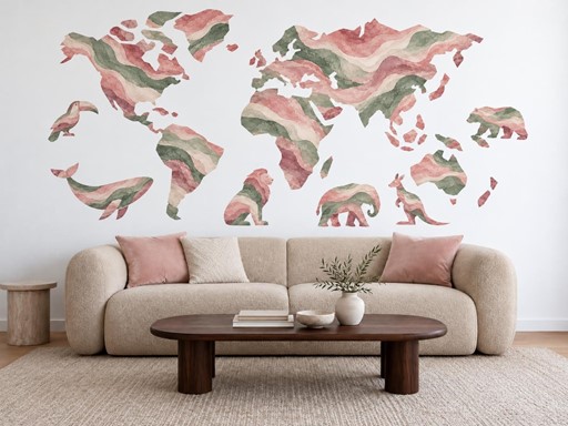 Šalvějově růžová mapa světa se zvířaty samolepky na zeď, Šalvějově růžová mapa světa se zvířaty tapety na zeď, Šalvějově růžová mapa světa se zvířaty dekorace na zeď, Šalvějově růžová mapa světa se zvířaty nálepky na zeď