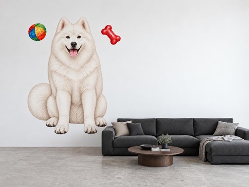 Samojed s míčkem a kostí samolepky na zeď, Samojed s míčkem a kostí tapety na zeď, Samojed s míčkem a kostí dekorace na zeď, Samojed s míčkem a kostí nálepky na zeď