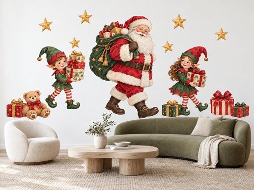 Santa s pytlem dárků a skřítky