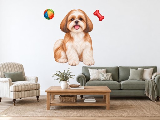 Shih-tzu s míčkem a kostí samolepky na zeď, Shih-tzu s míčkem a kostí tapety na zeď, Shih-tzu s míčkem a kostí dekorace na zeď, Shih-tzu s míčkem a kostí nálepky na zeď