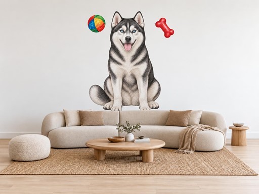 Sibiřský husky s míčkem a kostí samolepky na zeď, Sibiřský husky s míčkem a kostí tapety na zeď, Sibiřský husky s míčkem a kostí dekorace na zeď, Sibiřský husky s míčkem a kostí nálepky na zeď