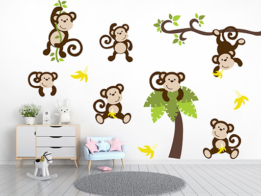 Sladké opičky samolepky na zeď, Sladké opičky nálepky na zeď pro děti, Sladké opičky dětské dekorace na zeď, Sladké opičky samolepící nálepky na zeď