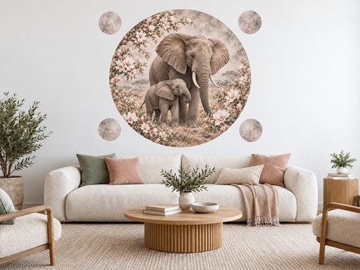 Slonice s mládětem mezi magnoliemi samolepky na zeď, Slonice s mládětem mezi magnoliemi tapety na zeď, Slonice s mládětem mezi magnoliemi dekorace na zeď, Slonice s mládětem mezi magnoliemi nálepky na zeď