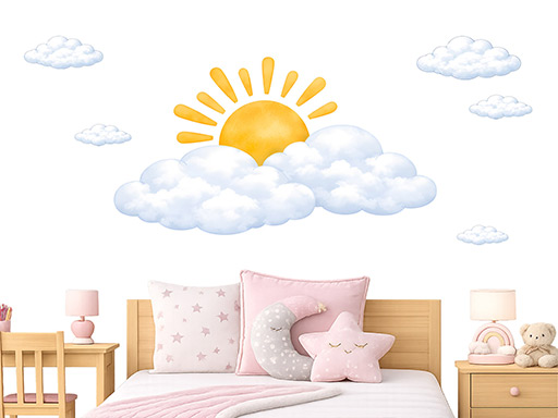 Slunce a mraky samolepky na zeď, Slunce a mraky nálepky na zeď, Slunce a mraky dekorace na zeď, Slunce a mraky samolepící nálepky na zeď
