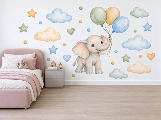 Slůně s balonky samolepky na zeď, Slůně s balonky tapety na zeď, Slůně s balonky dekorace na zeď, Slůně s balonky nálepky na zeď