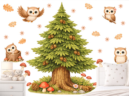 Smrk a sovičky samolepky na zeď, Smrk a sovičky tapety na zeď, Smrk a sovičky dekorace na zeď, Smrk a sovičky nálepky na zeď, smrk a sovy textilní přelepitelné samolepky na zeď