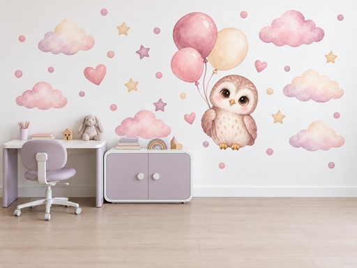 Sovička s balonky samolepky na zeď, Sovička s balonky tapety na zeď, Sovička s balonky dekorace na zeď, Sovička s balonky nálepky na zeď