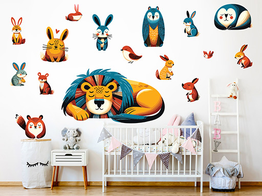 Spící lev a zvířátka samolepky na zeď, Spící lev a zvířátka nálepky na stěnu pro děti, Spící lev a zvířátka dekorace na zdi, Spící lev a zvířátka tapety na zdi