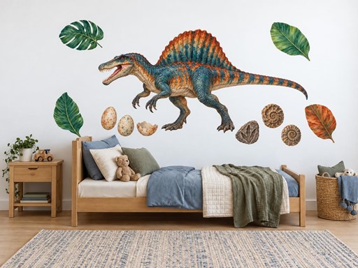 Spinosaurus s vejci a fosiliemi samolepky na zeď, Spinosaurus s vejci a fosiliemi tapety na zeď, Spinosaurus s vejci a fosiliemi dekorace na zeď, Spinosaurus s vejci a fosiliemi nálepky na zeď