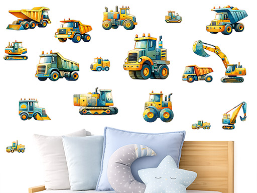 Stavební stroje samolepky na zeď, Stavební stroje nálepky na zeď pro děti, Stavební stroje dětské dekorace na zeď, Stavební stroje samolepící nálepky na zeď