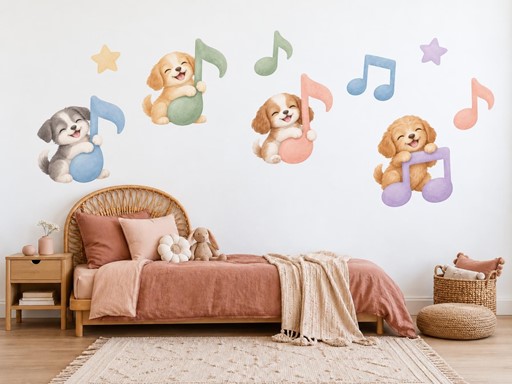 Štěňátka s barevnými notami samolepky na zeď, Štěňátka s barevnými notami tapety na zeď, Štěňátka s barevnými notami dekorace na zeď, Štěňátka s barevnými notami nálepky na zeď
