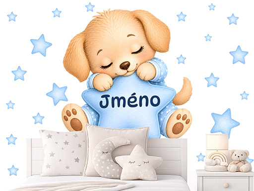 Štěně s hvězdou a jménem modrá samolepky na zeď, Štěně s hvězdou a jménem modrá tapety na zeď, Štěně s hvězdou a jménem modrá dekorace na zeď, Štěně s hvězdou a jménem modrá nálepky na zeď