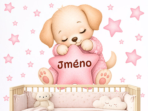 Štěně s hvězdou a jménem růžová samolepky na zeď, Štěně s hvězdou a jménem růžová tapety na zeď, Štěně s hvězdou a jménem růžová dekorace na zeď, Štěně s hvězdou a jménem růžová nálepky na zeď