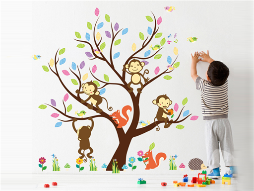 Strom a hravé opičky samolepky na zeď pro děti, Strom a hravé opičky nálepky na stěnu, Strom a hravé opičky dekorace na zdi, Strom a hravé opičky tapety na zdi pro děti
