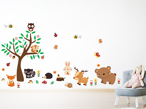 Strom a zvířátka samolepky na zeď, Strom a zvířátka nálepky na zeď pro děti, Strom a zvířátka dětské dekorace na zeď, Strom a zvířátka samolepící nálepky na zeď