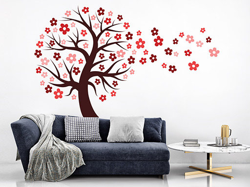 Strom s červenými květy samolepka na zeď, Strom s červenými květy nálepka na stěnu, Strom s červenými květy dekorace na zeď, Strom s červenými květy tapety na stěnu