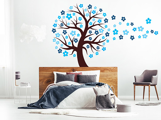 Strom s modrými květy samolepka na zeď, Strom s modrými květy nálepka na stěnu, Strom s modrými květy dekorace na zeď, Strom s modrými květy tapety na stěnu