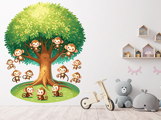 Strom s opičkami samolepky na zeď, Strom s opičkami nálepky na zeď pro děti, Strom s opičkami dětské dekorace na zeď, Strom s opičkami samolepící nálepky na zeď