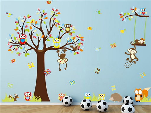 Strom sovičky a opičky samolepky na zeď, Strom sovičky a opičky nálepky na zeď pro děti, Strom sovičky a opičky dětské dekorace na zeď, Strom sovičky a opičky samolepící nálepky na zeď