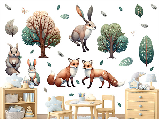 Stromy se zvířátky samolepky na zeď, Stromy se zvířátky nálepky na zeď pro děti, Stromy se zvířátky dětské dekorace na zeď, Stromy se zvířátky samolepící nálepky na zeď