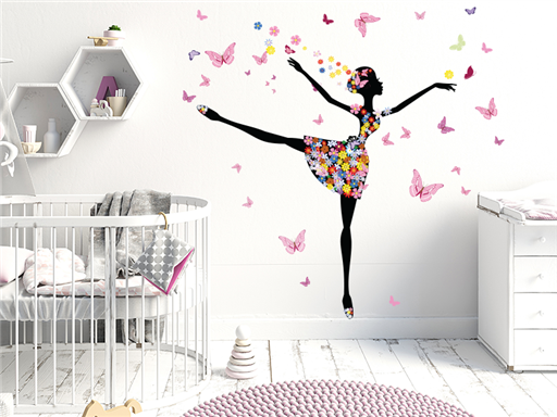 Tančící květinová dívka samolepky na zeď, Tančící květinová dívka nálepky na stěnu, Tančící květinová dívka dekorace na zdi, Tančící květinová dívka tapety na zdi