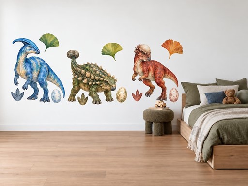 Tři dinosauři s vajíčky samolepky na zeď, Tři dinosauři s vajíčky tapety na zeď, Tři dinosauři s vajíčky dekorace na zeď, Tři dinosauři s vajíčky nálepky na zeď