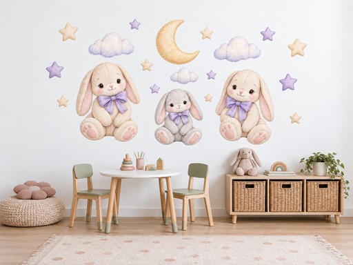 Tři plyšoví králíčci s měsícem samolepky na zeď, Tři plyšoví králíčci s měsícem tapety na zeď, Tři plyšoví králíčci s měsícem dekorace na zeď, Tři plyšoví králíčci s měsícem nálepky na zeď