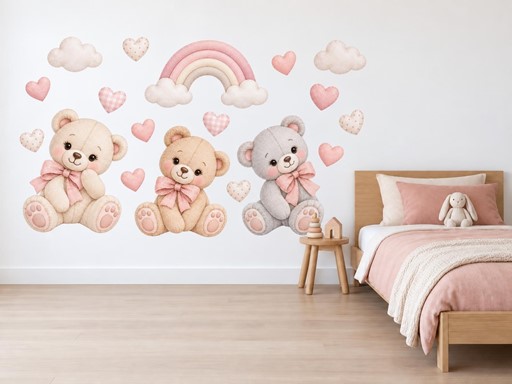 Tři plyšoví medvídci s duhou samolepky na zeď, Tři plyšoví medvídci s duhou tapety na zeď, Tři plyšoví medvídci s duhou dekorace na zeď, Tři plyšoví medvídci s duhou nálepky na zeď