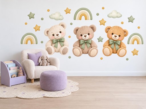 Tři plyšoví medvídci samolepky na zeď, Tři plyšoví medvídci tapety na zeď, Tři plyšoví medvídci dekorace na zeď, Tři plyšoví medvídci nálepky na zeď