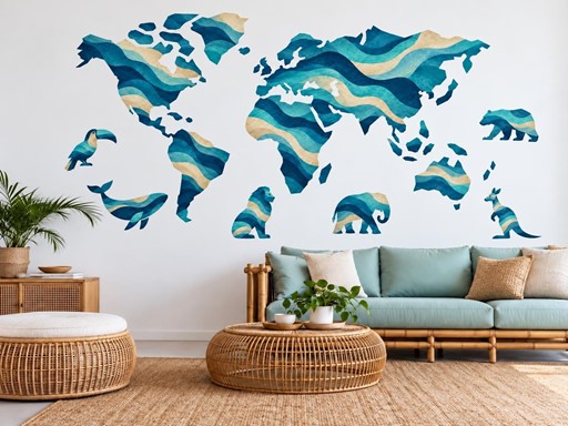 Tyrkysová mapa světa se zvířaty samolepky na zeď, Tyrkysová mapa světa se zvířaty tapety na zeď, Tyrkysová mapa světa se zvířaty dekorace na zeď, Tyrkysová mapa světa se zvířaty nálepky na zeď