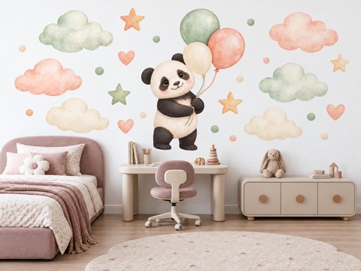 Usměvavá panda s balonky samolepky na zeď, Usměvavá panda s balonky tapety na zeď, Usměvavá panda s balonky dekorace na zeď, Usměvavá panda s balonky nálepky na zeď
