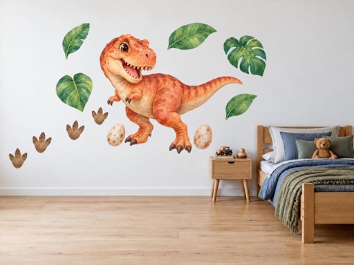 Usměvavý tyranosaurus s vajíčky samolepky na zeď, Usměvavý tyranosaurus s vajíčky tapety na zeď, Usměvavý tyranosaurus s vajíčky dekorace na zeď, Usměvavý tyranosaurus s vajíčky nálepky na zeď