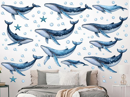 Velryby samolepka na zeď, Velryby nálepky na zeď, Velryby dekorace na stěnu, Velryby samolepící dekor na stěny, Velryby samolepící tapety na zeď