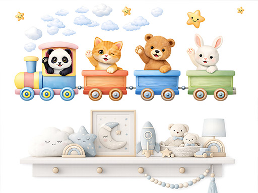 Veselá zvířátka ve vlaku samolepky na zeď, Veselá zvířátka ve vlaku tapety na zeď, Veselá zvířátka ve vlaku dekorace na zeď, Veselá zvířátka ve vlaku nálepky na zeď