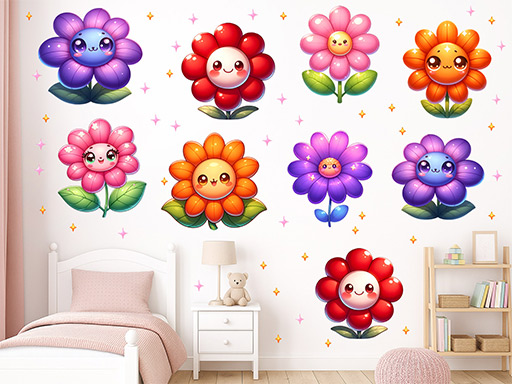 Veselé květinky samolepky na zeď, Veselé květinky nálepky na zeď pro děti, Veselé květinky dětské dekorace na zeď, Veselé květinky samolepící nálepky na zeď